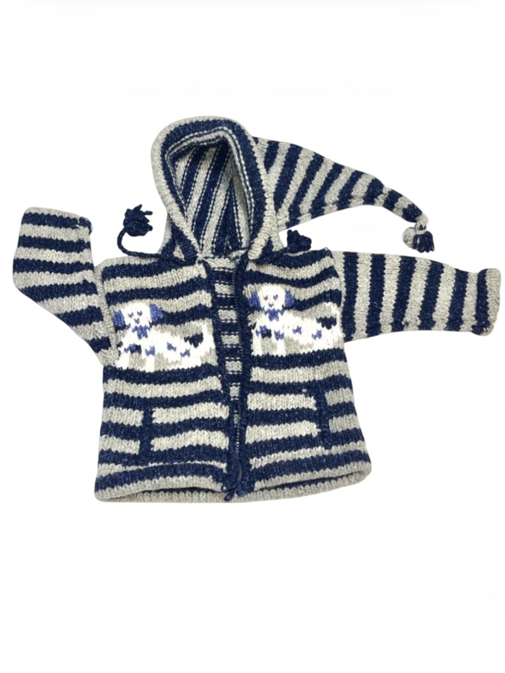 Handmade Knit Stocking Cap Zip Sweater Striped Puppy Dog Gray Blue 2 3 Toddler